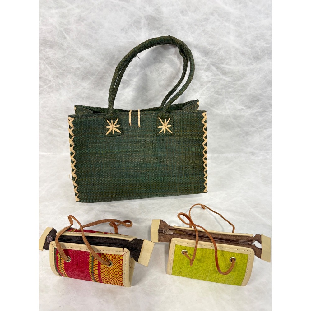 Vintage Woven Straw Handbag and Coin Purse Set Green Red Yellow Boho Tote 3pc